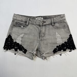 Others Follow Shorts Juniors 7 Gray Distressed Denim Lace Trim Cutoff Frayed Hem